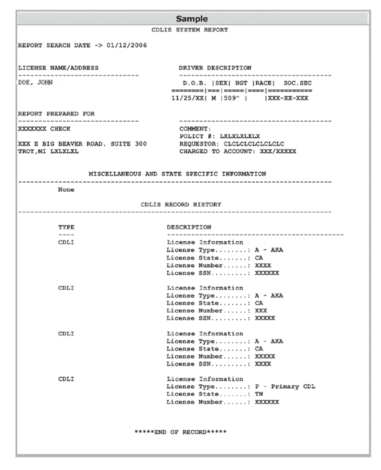 MVR Sample Report PSP Sample Report CDL Report