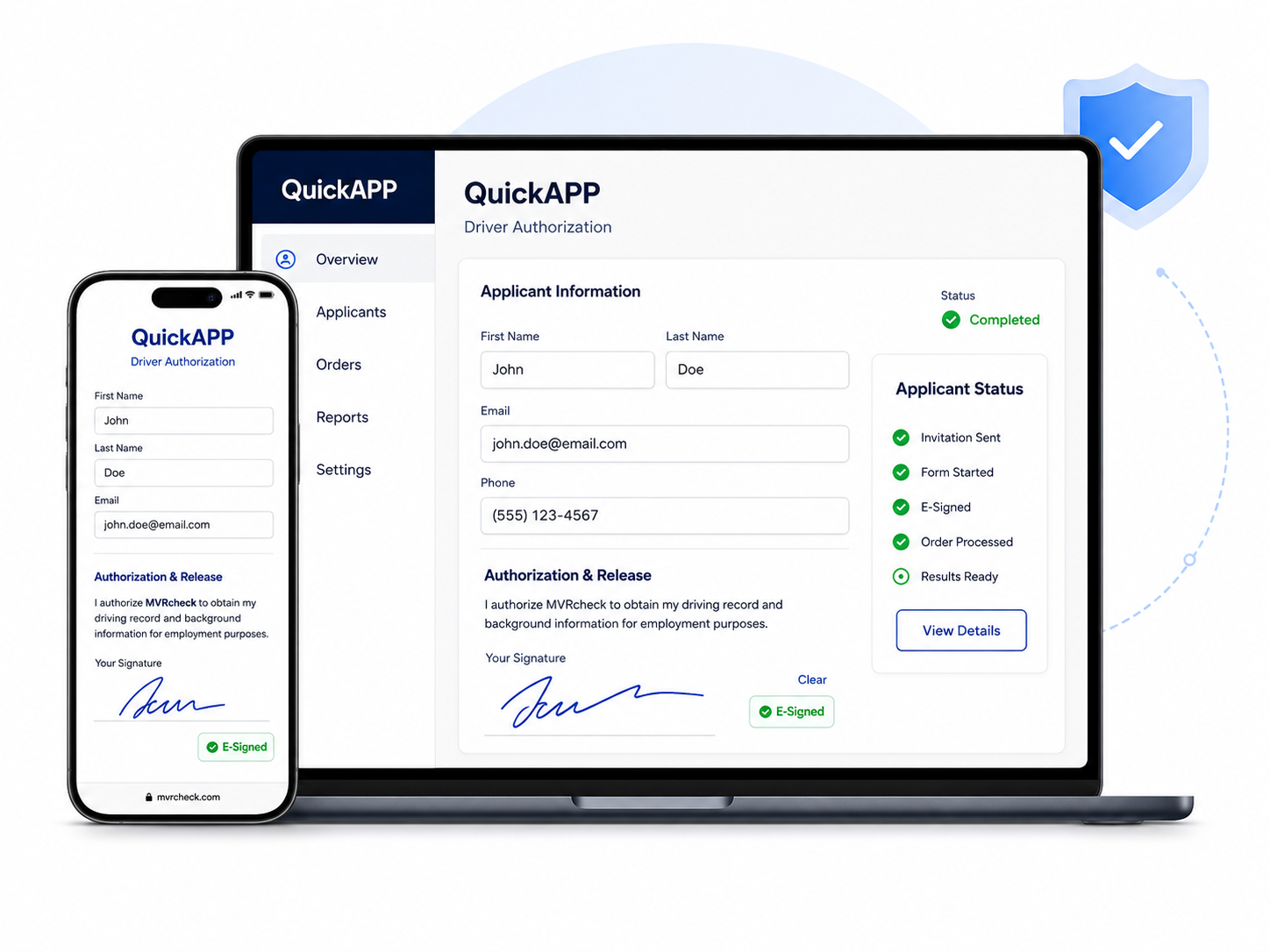 QuickAPP driver authorization form displayed on a laptop and mobile phone